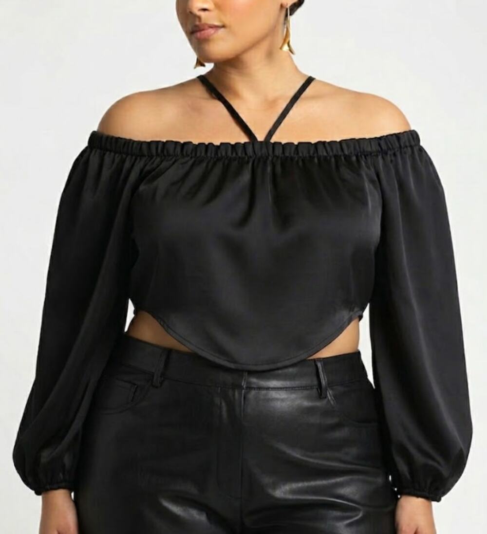 ELOQUII Cropped Blouse Off Shoulder Strappy Long Sleeve Satin Black Womens Sz 16
